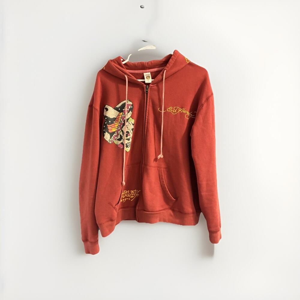 Ed Hardy Christian Audigier Mens Y2k Tattoo Skull Full Zip Hoodie Size Large
